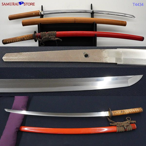 T4434 Katana Sword YOSHIMICHI w/ Red Ornate Mountings - Antique